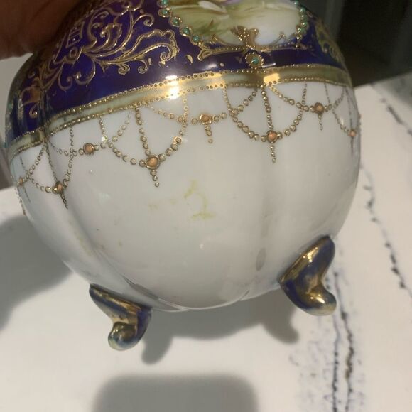 Nippon Vintage Ornate Blue and Gold Covered Jar With Landscape Scenes - Picture 14 of 16